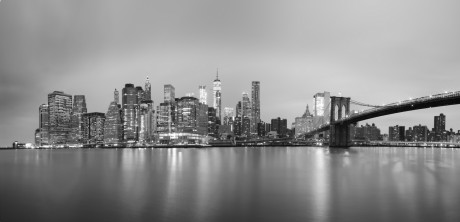 black and white Brooklyn Bridge and East River